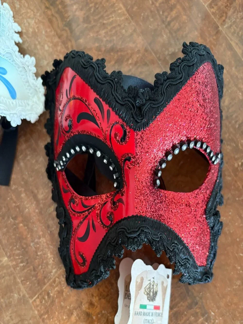 Set of 2 Hand Painted Venetian Carnival Masks | Red & Blue Lace Venezia